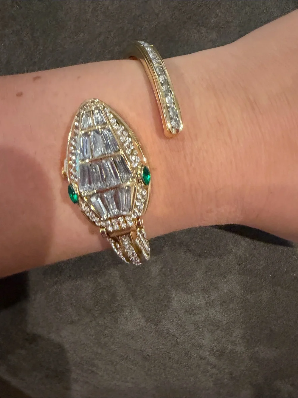 Gold Crystal Snake Cuff Bracelet with Green Accents